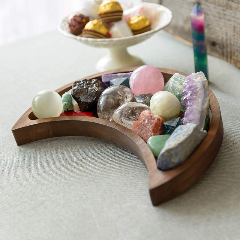 Moon Tray Crystal Holder for Stones - Crystal Tray for Stones - Wooden Box for Crystals Display Shelf - Crystal Organizer for Stones - Large Bowl for Crystals Stones 10.23 by 5.13 Inches Walnut Wood Home & Garden > Decor > Decorative Trays Brite Labs   