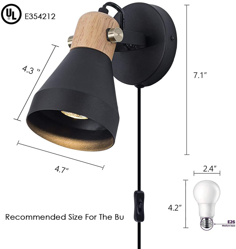 Tehenoo Wood Plug in Wall Lamp,Modern Rotatable Wall Light with On-Off Switch Cord,Matte Black