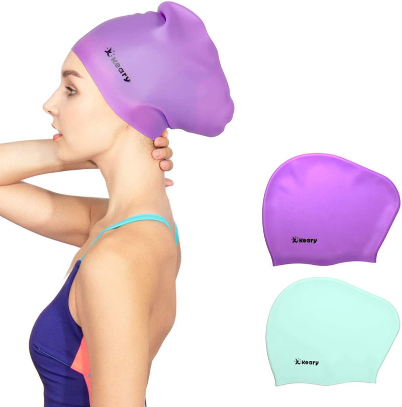 Keary 2 Pack Updated Silicone Swim Cap for Long Hair Women Girl Waterproof Bathing Pool Swimming Cap Cover Ears to Keep Your Hair Dry, 3D Soft Stretchable Durable and Anti-Slip, Easy to Put On and Off Sporting Goods > Outdoor Recreation > Boating & Water Sports > Swimming > Swim Caps Keary Purple & Green【M】  