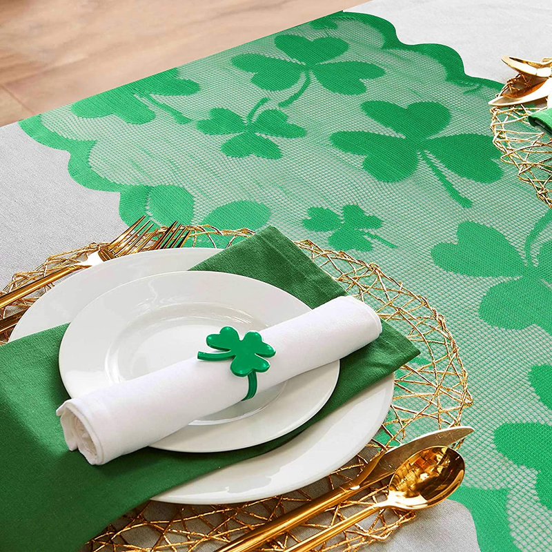 CNVOILA St Patricks Day Decorations, Irish Decor Table Runner with Irish Clover, 13" X 72" Lace Shamrock Clover Greening Table Linen for Holiday and Spring – 1 Pack