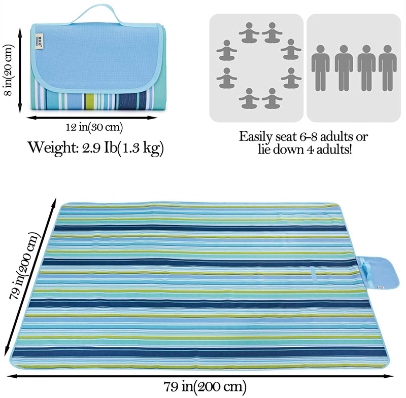 Picnic Blanket Waterproof for 6-8 Adults | 79"x79" Extra-Large Picnic Blankets for Lots of Occasions | Water and Sand Proof Backing is Easy to Clean and Maintain | Park or Beach (Blue Stripes) Home & Garden > Lawn & Garden > Outdoor Living > Outdoor Blankets > Picnic Blankets FUKANG   
