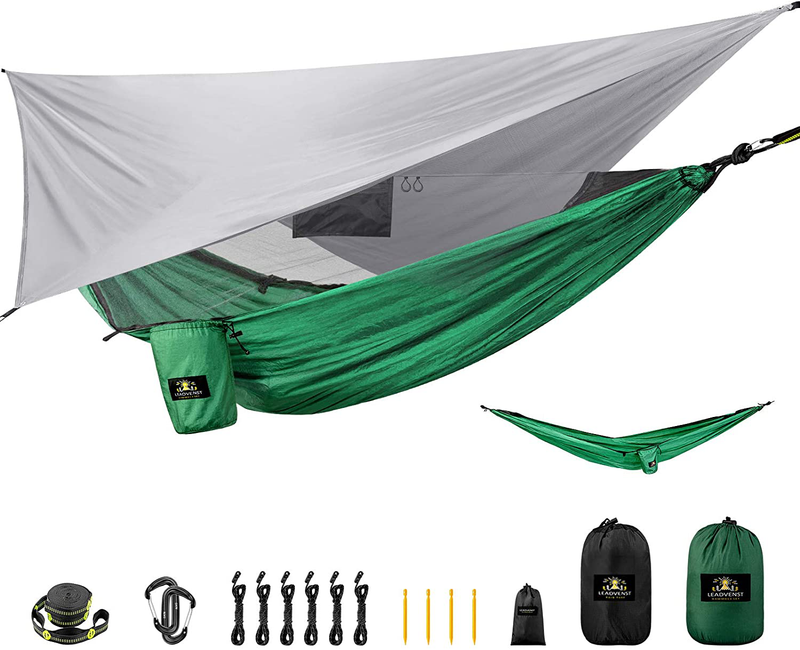 Comfortable Camping Hammock with Rain Fly and Bug Net - Easy Setup Mosquito Hammock with Rain Fly - Lightweight Backpacking Hammock with Mosquito Net - Portable Survival Hammock for Outdoor Camping Home & Garden > Lawn & Garden > Outdoor Living > Hammocks LEADVENST Dark Green  