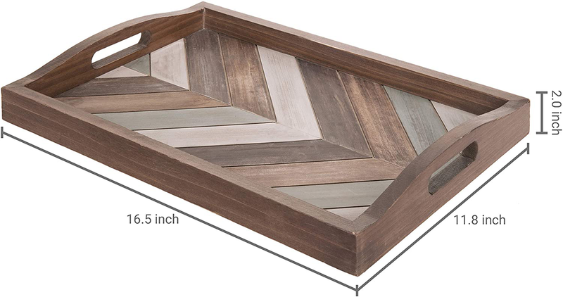 MyGift Multi-Colored Rustic Chevron Wood Decorative Tray with Cutout Handles