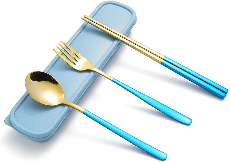 Portable Silverware Set Single Flatware with Case Reuseable Cutlery Spoon,Fork,Chopstick Stainless Steel To Go Utensils for Lunch,Travel,Camp (Green Gold) Home & Garden > Kitchen & Dining > Tableware > Flatware > Flatware Sets Rasback Blue Gold  