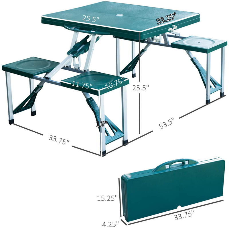 Outsunny Portable Foldable Camping Picnic Table with Seats Chairs and Umbrella Hole, 4-Seats Aluminum Fold up Travel Picnic Table, Green Sporting Goods > Outdoor Recreation > Camping & Hiking > Camp Furniture Outsunny   
