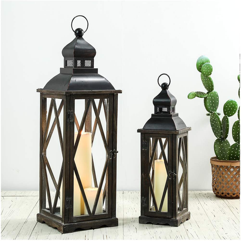 glitzhome Farmhouse Wood Metal Lanterns Decorative Hanging Candle Lanterns White Set of 2 (No Glass) Home & Garden > Decor > Home Fragrance Accessories > Candle Holders Glitzhome Black  