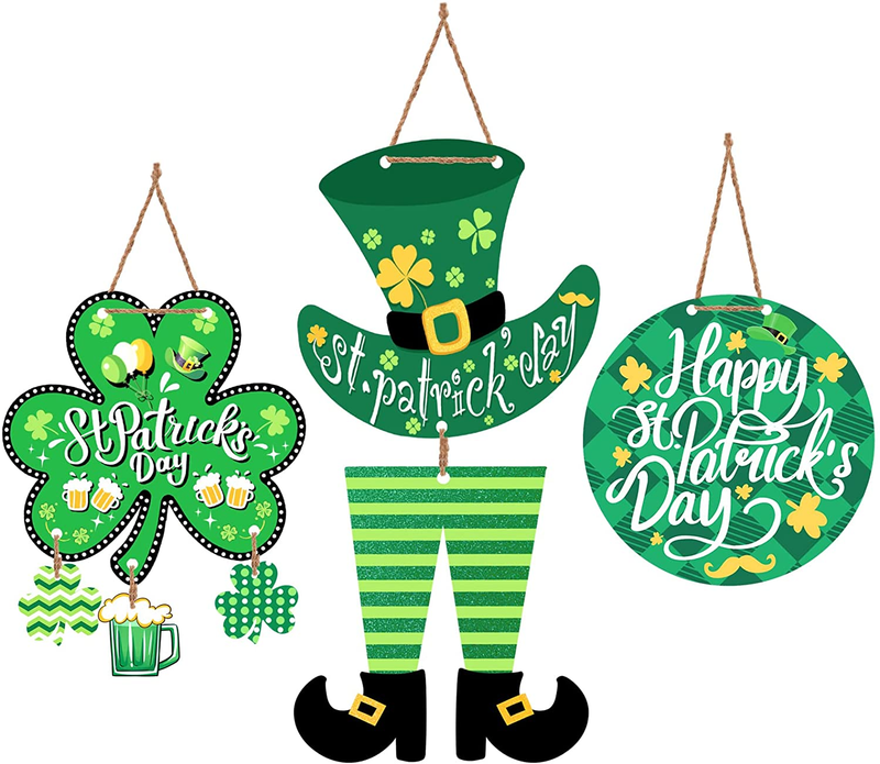 Piklodo St. Patrick'S Day Decorations, 3Pcs St. Patrick'S Day Door Sign Irish Wooden Hanging Sign Shamrock Welcome Board Ornament for Home Window Wall Farmhouse Office Party Decor