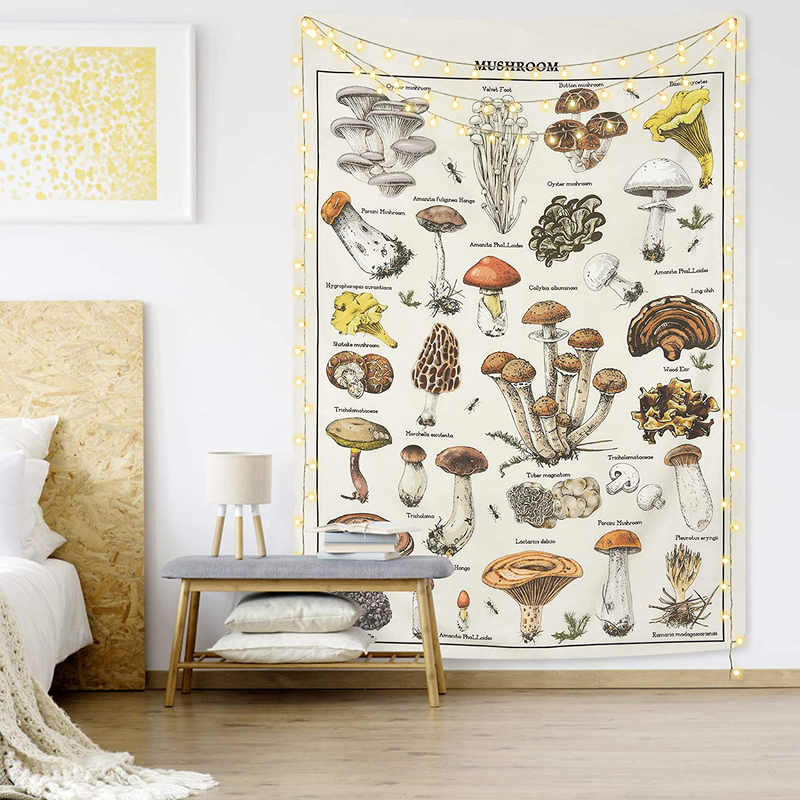 Mushroom Tapestry Vintage Tapestry Illustrative Reference Chart Tapestry Fungus Tapestry Colorful Vertical Tapestry Wall Hanging for Room(51.2 x 59.1 inches)