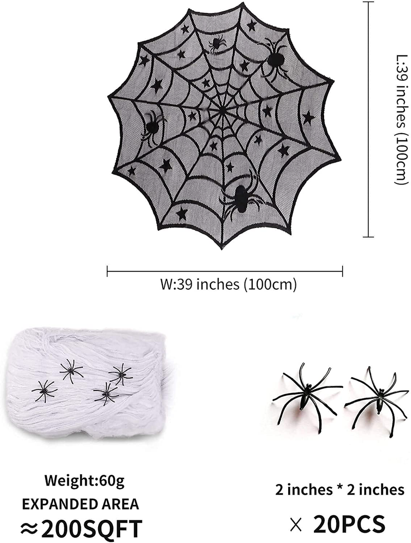 Halloween Decorations 6 Props Table Decor, Spider Web Tablecloth, Cobweb Mantel Scarf and Table Runner, 3D bats Stickers, Stretchy Cobwebs Pack with Spiders, Home Decor for Party Office Sago Brothers