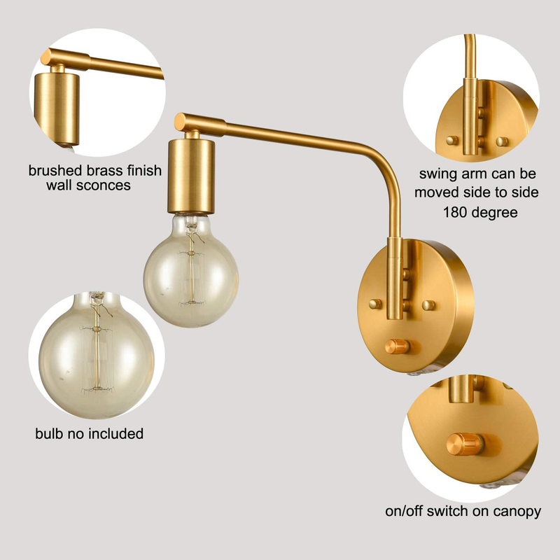 DANSEER Edison Brass Wall Sconces Set of Two Sconce Plug in with Switch Swing Arm
