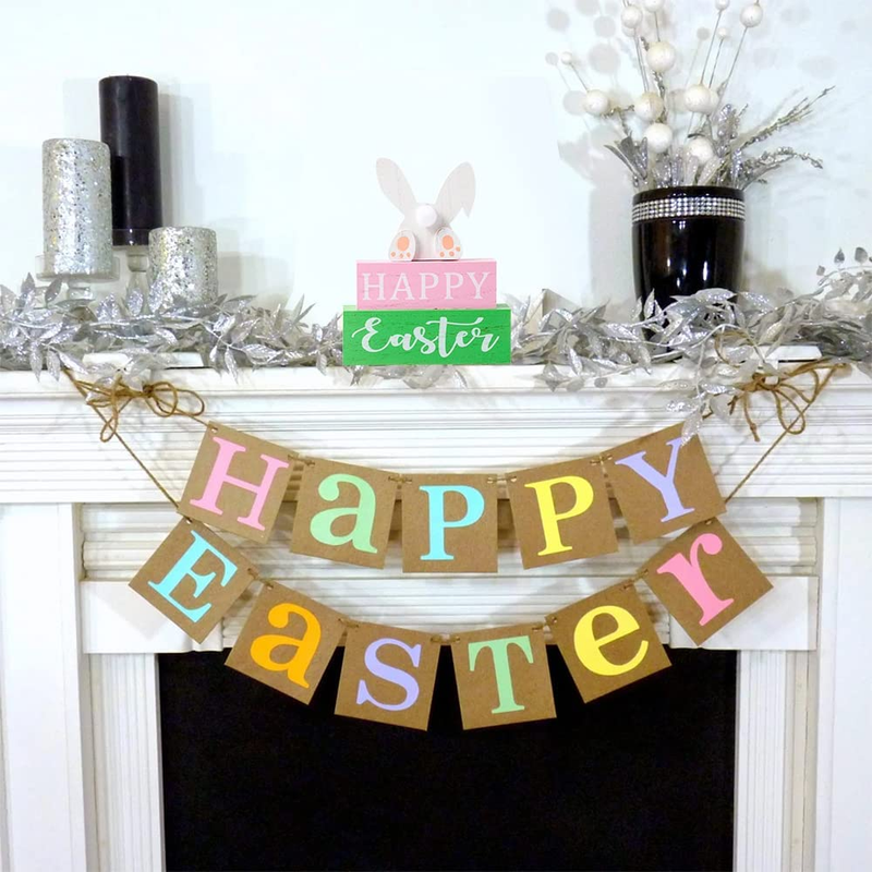 DECSPAS Easter Decorations for the Home, 3-Layered Farmhouse Easter Bunny Ornaments Decor, Pink Green Wooden Blocks Easter Dining Table Decor, "HAPPY" "Easter" Sign Rustic Easter Home Decor for Fireplace, Living Room