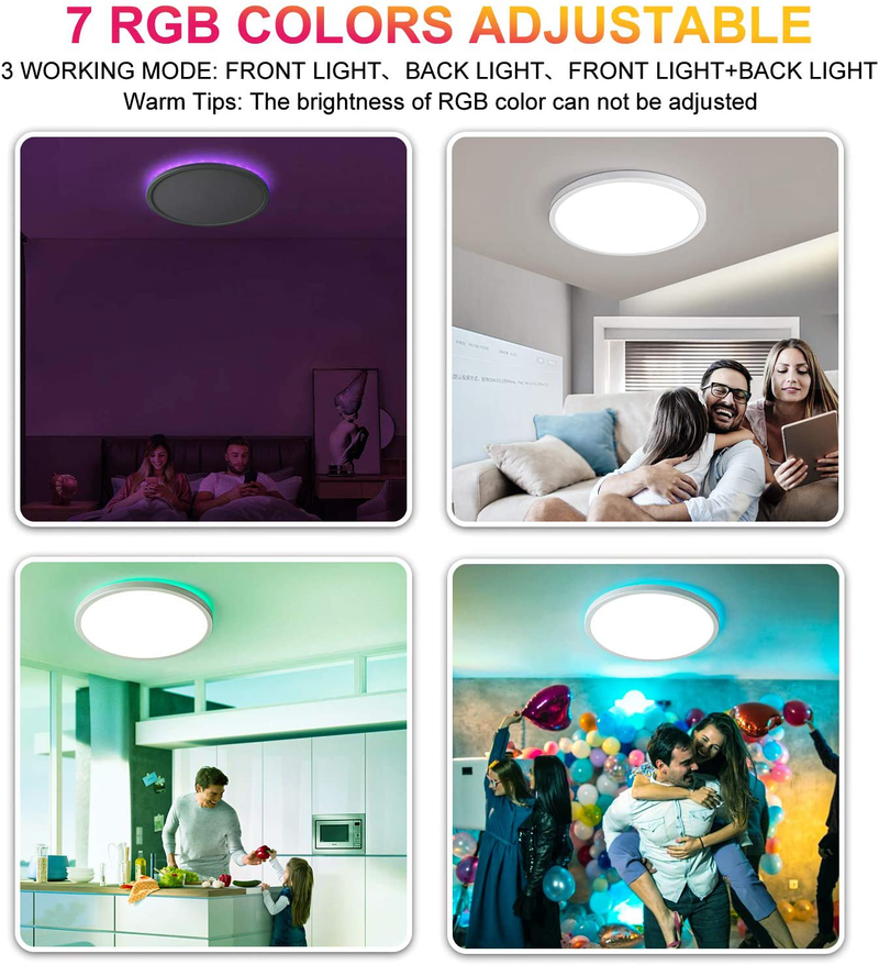 Oeegoo RGB Led Flush Mount Ceiling Light with Remote, 12Inch 24W 2400LM, round Thin Dimmable Ceiling Lamp, Modern Low Profile Ceiling Light Fixture for Bedroom Kitchen Living Room, 3000K-6500K, White
