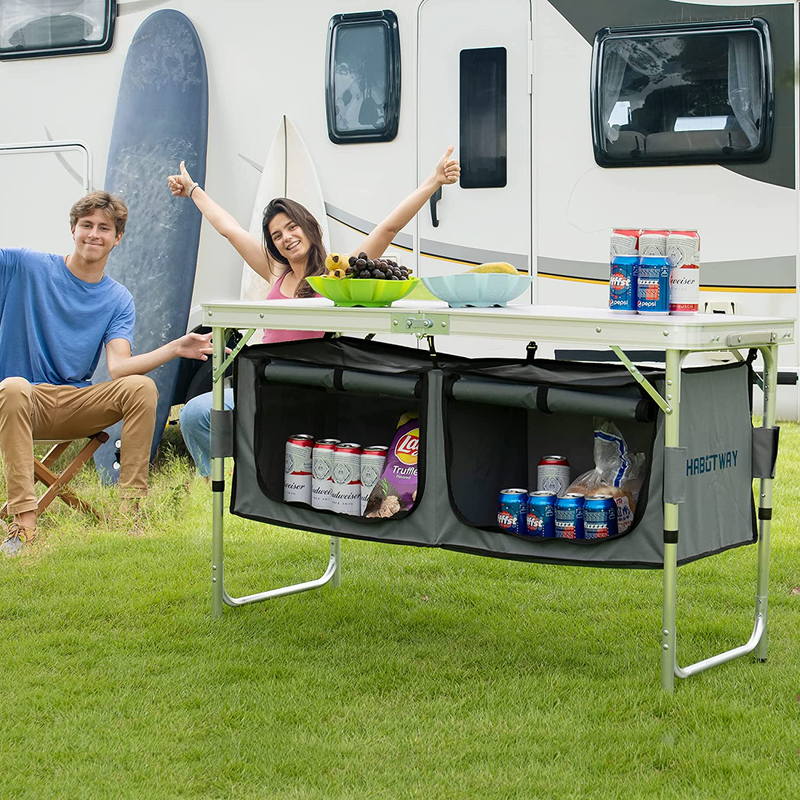 HABUTWAY Folding Camping Table with Storage Organizer Aluminum Portable Collapsible Table Picnic Kitchen Table 3-Level Adjustable Height for Camping,Picnic,Party Indoor Outdoor Sporting Goods > Outdoor Recreation > Camping & Hiking > Camp Furniture HABUTWAY   