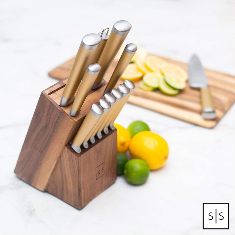 Gold Knife Set with Walnut Knife Block, 13-piece Kitchen Knives Stainless Steel Gold Knives Set, Full Tang, Knives Gold - Gold Kitchen Accessories