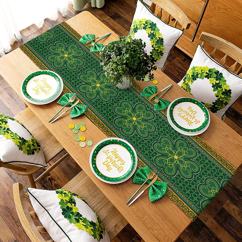 Linen Burlap Table Runner, St. Patrick'S Day Vintage Lucky Clover Shamrocks Leave Dresser Scarve, Non-Slip Farmhouse Table Runners for Wedding, Holiday Parties, Kitchen, Dining Room Decoration 13"X70" Arts & Entertainment > Party & Celebration > Party Supplies IDOWMAT   
