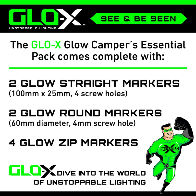 GLO-X Campers Essentials Pack - Powerful Glow in the Dark Camping Accessories for Tent Campers - round & Straight Mini Glow Markers - Glow Zipper Pulls - Solar Powered Markers 12+ Hours Illumination Sporting Goods > Outdoor Recreation > Camping & Hiking > Tent Accessories GLO-X   