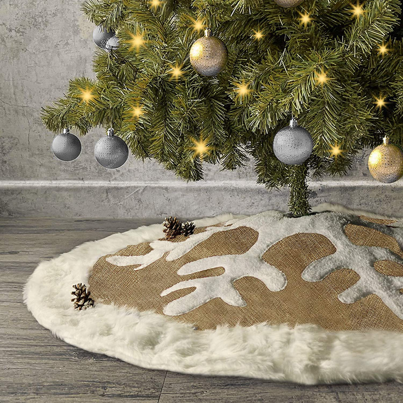 Ivenf Christmas Tree Skirt, Burlap Snowflakes with White Thick Plush Faux Fur Trim, 48 inches Rustic Yellow Burlap Feel Xmas Decorations, Indoor Outdoor Home Holiday Party Decor Home & Garden > Decor > Seasonal & Holiday Decorations > Christmas Tree Skirts Ivenf Default Title  