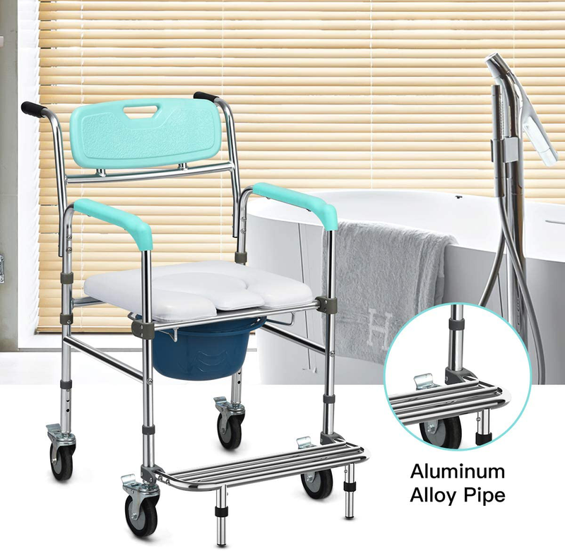 Giantex 3 in 1 Lightweight Shower Commode Wheelchair, Transport Bedside Commode with Wheels, Wheelchair Height and Pedal Adjustable, Shower Wheelchair for Elder, Disabled People (Turquoise & White)