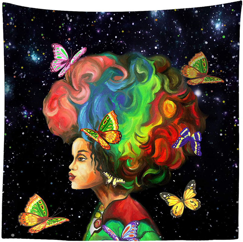 Third Goddess Tapestry Black Starry Girl Wall Hanging- African American Girl with Colorful Butterfly Wall Tapestry 70 x 90 for Home Decor & Gift(180 x 235cm)