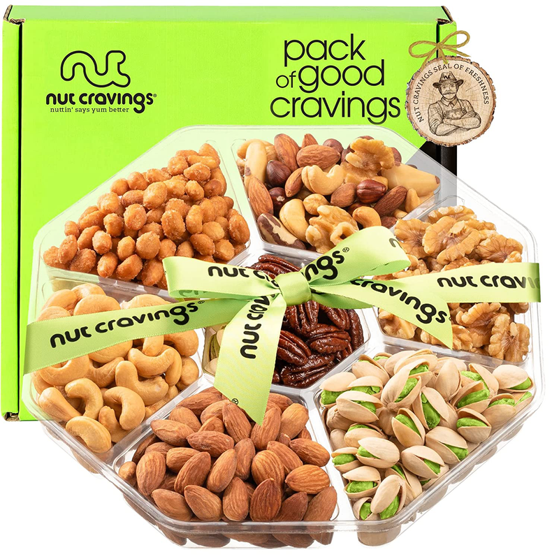 Nuts Gift Basket + Green Ribbon (7 Piece Set, 1.8 LB) Valetines Day 2022 Idea Food Arrangement Platter, Birthday Care Package Variety, Healthy Tray, Kosher Snack Box for Adults Women Men Prime Home & Garden > Decor > Seasonal & Holiday Decorations Nut Cravings B - Large (1.8 LB)  