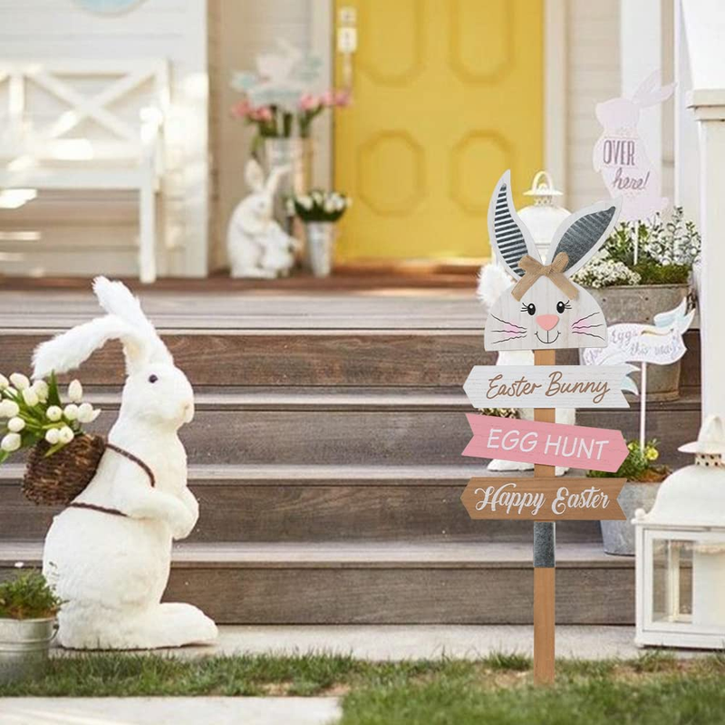 DECSPAS Easter Decorations for the Home, 37" Decorative Garden Stakes White Easter Bunny Farmhouse Easter Outdoor Garden Decor, Easter Bunny Egg Hunt Happy Easter Sign for Outside, Yard