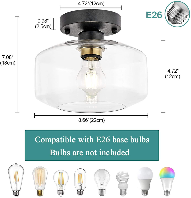 Semi Flush Mount Ceiling Light,Clear Glass Shade,Brass Accent Socket,Modern Ceiling Light Fixture with Black Finish for Kitchen,Hallway,Entryway,Dining Room,Bedroom,Cafe, Bar,Living Room Home & Garden > Lighting > Lighting Fixtures > Ceiling Light Fixtures KOL DEALS   