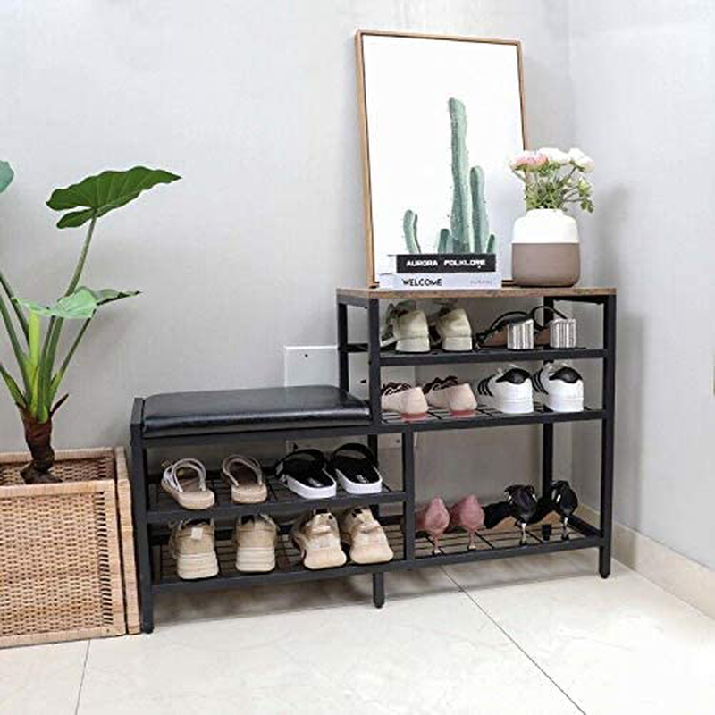 Shoe Rack Bench 5-Tier Shoe Storage with Seat Industrial Entryway Bench Metal Storage Shelves Organizer Entry Bench Shoe Stand for Entryway Hall Brown Black