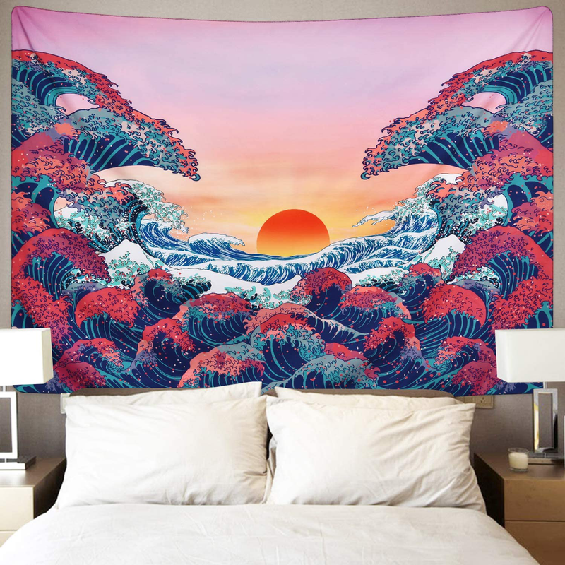 Ocean Wave Tapestry Sunset Tapestry 3D Great Wave Tapestry Japanese Tapestry for Room…