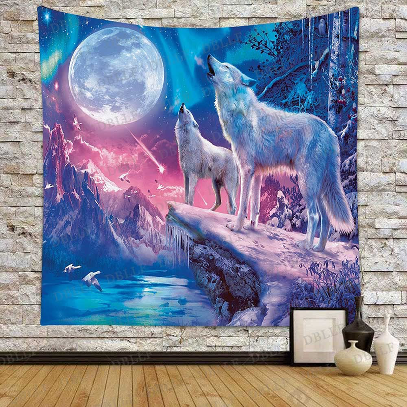 DBLLF Cool Wolf Tapestry Fantasy Animals Moon Tapestry for Boys Men Bedroom Colorful Aesthetic Blue Galaxy Mountian Forest Tapestry 80”60” Flannel Large Art Tapestries for Living Room Dorm DBLS855 Home & Garden > Decor > Artwork > Decorative TapestriesHome & Garden > Decor > Artwork > Decorative Tapestries DBLLF 60Wx60L  