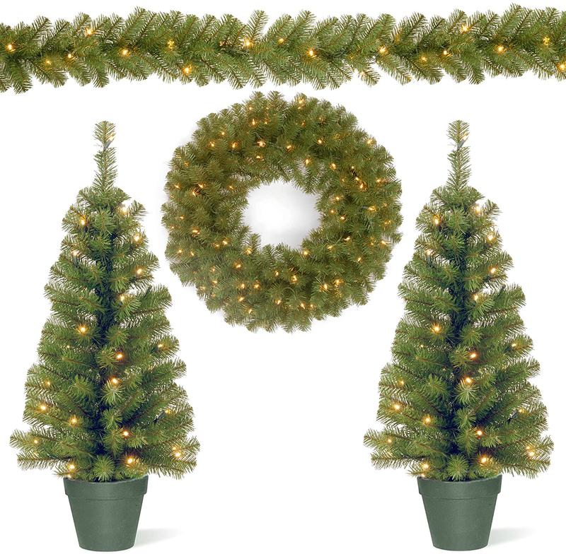 National Tree Company Pre-lit Holiday Christmas 4-Piece Set | Garland, Wreath and Set of 2 Entrance Trees with White LED Lights Home & Garden > Decor > Seasonal & Holiday Decorations& Garden > Decor > Seasonal & Holiday Decorations National Tree Company   