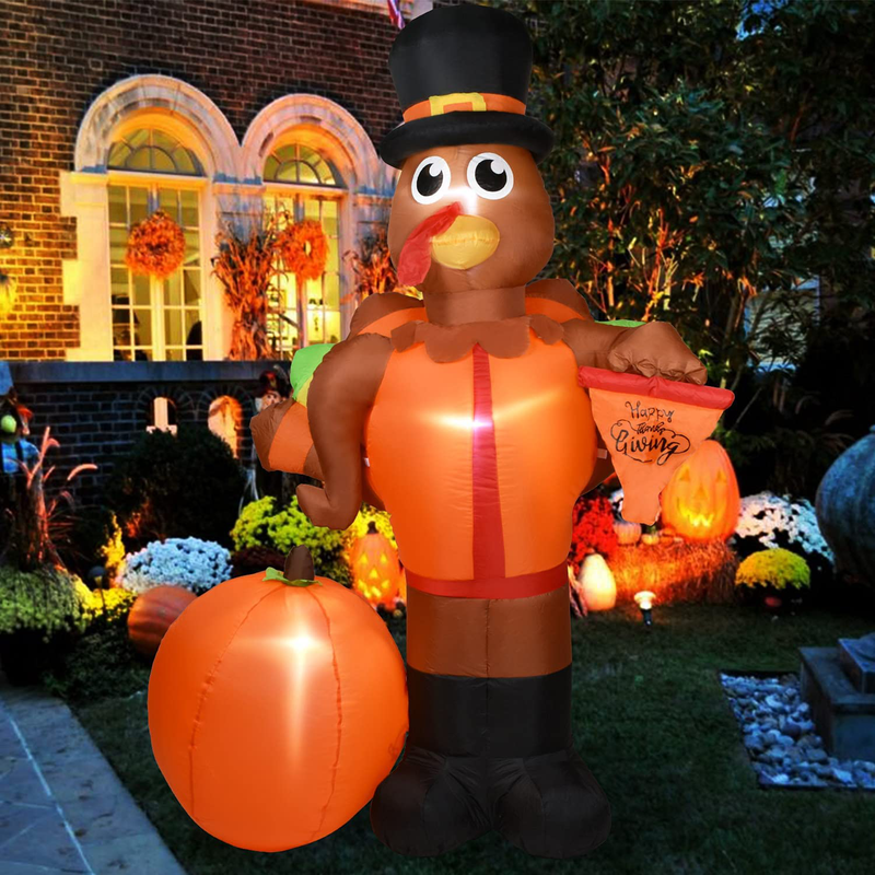 Doingart 6.6FT Thanksgiving Inflatable Outdoor Turkey with Pumpkin, Blow Up Yard Decoration Clearance with LED Lights Built-in for Holiday Party Yard Garden