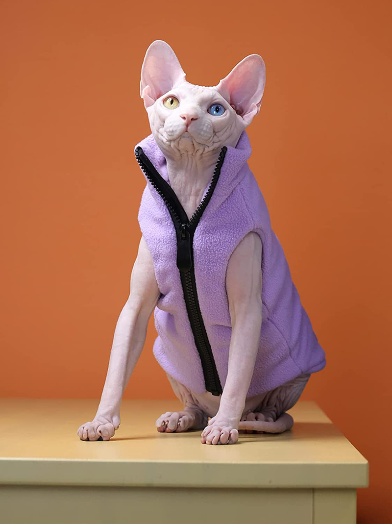 Sphynx Hairless Cat Clothes Autumn Winter Fashion Solid Color Zipper Coat Sleeveless High Collar Soft Faux Fur Sweater Outfit with Pocket