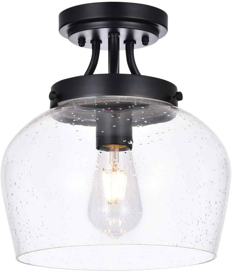 KRASTY Industrial Farmhouse Seeded Glass Matte Black Semi-Flush Mount Ceiling Light Ceiling Lighting Fixtures with Seeded Glass Shade for Hallway Kitchen Dinning Room Bedroom Living Room 10.5"H Home & Garden > Lighting > Lighting Fixtures > Ceiling Light Fixtures KOL DEALS   
