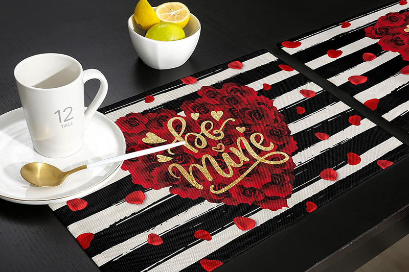 Happy Valentine'S Day Placemats Set of 6,Cotton Linen Heat Resistant Table Mats Non-Slip Washable Heart Shape Rose Be Mine Black White Stripe Placemat for Holiday Banquet Dining Table Kitchen Decor Home & Garden > Decor > Seasonal & Holiday Decorations Zadaling   