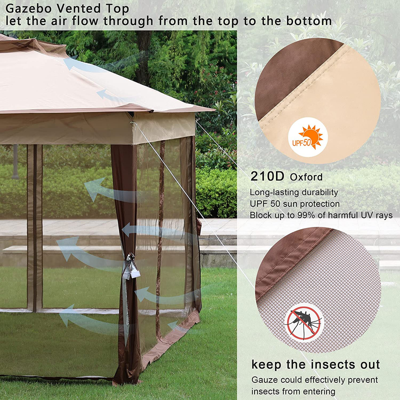 OUTGUAVA 210D Oxford 11'x11' Pop Up Gazebo with Mosquito Netting Outdoor Canopy Tent Sun Shade for Patio Garden Backyard Deck