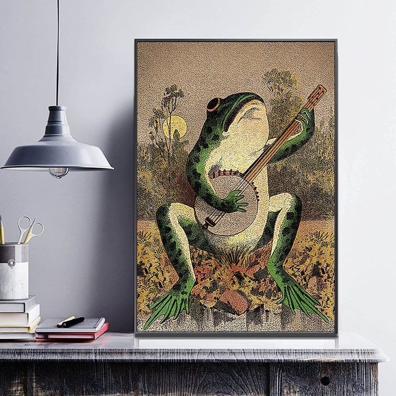 Frog Canvas Wall Art - Frog Pictures Wall Decor Frog Playing Banjo in the Moonlight Vintage Frog Poster Prints Painting for Bedroom Bathroom 12X16 Inch Unframed Home & Garden > Decor > Artwork > Posters, Prints, & Visual Artwork Tanmart Frog Art Prints - A 12x16 Inch Unframed 