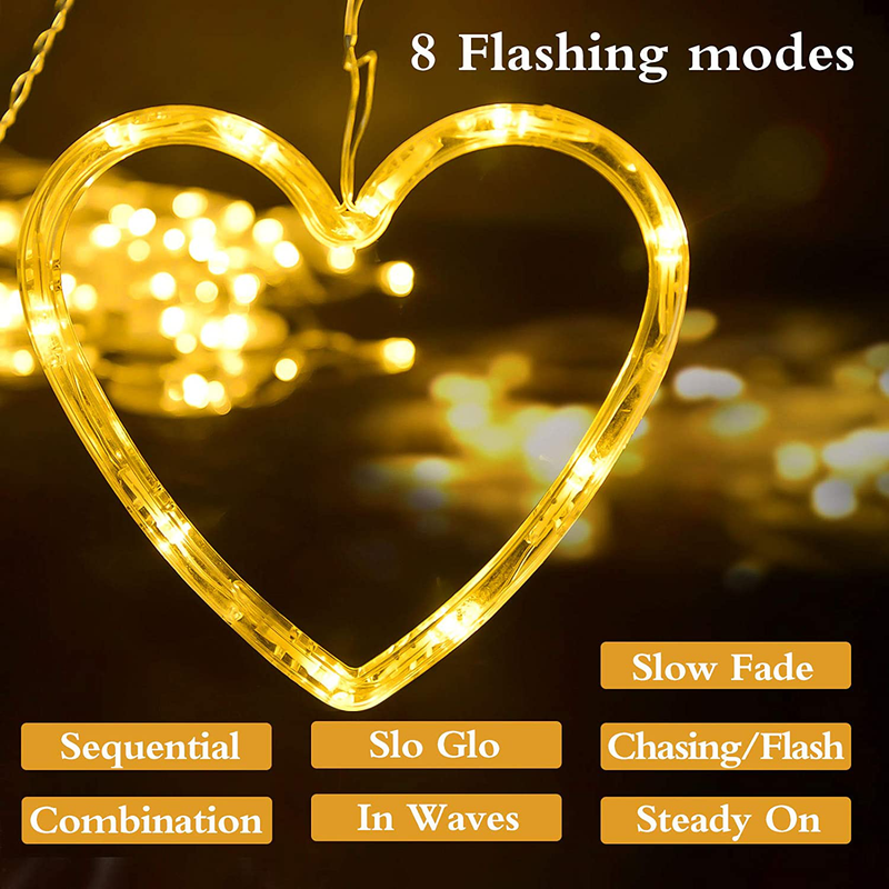 Lolstar Valentine'S Day Heart-Shaped LED Curtain String Lights,138 LED 12 Valentine Hanging String Lights, Connectable 8 Flashing Modes Window Light for Valentine'S Day Decorations