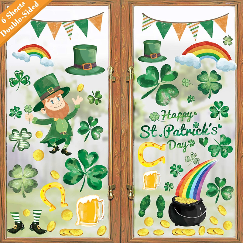 Ivenf St. Patricks Day Decorations Window Clings Decor, Large Shamrocks Leprechaun Top Hat Gold Coins for Kids School Home Office Accessories Party Supplies Gifts, 6 Sheets 105 Pcs