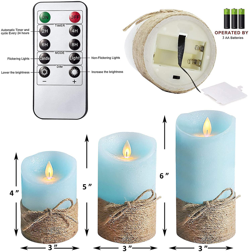 CRYSTAL CLUB Flameless Candles Flickering, LED Blue Pillar Candles Battery Operated with Remote and Timer, Hemp Rope & Real Wax Moving Wick Candle Light for Home Table Bedroom Decor