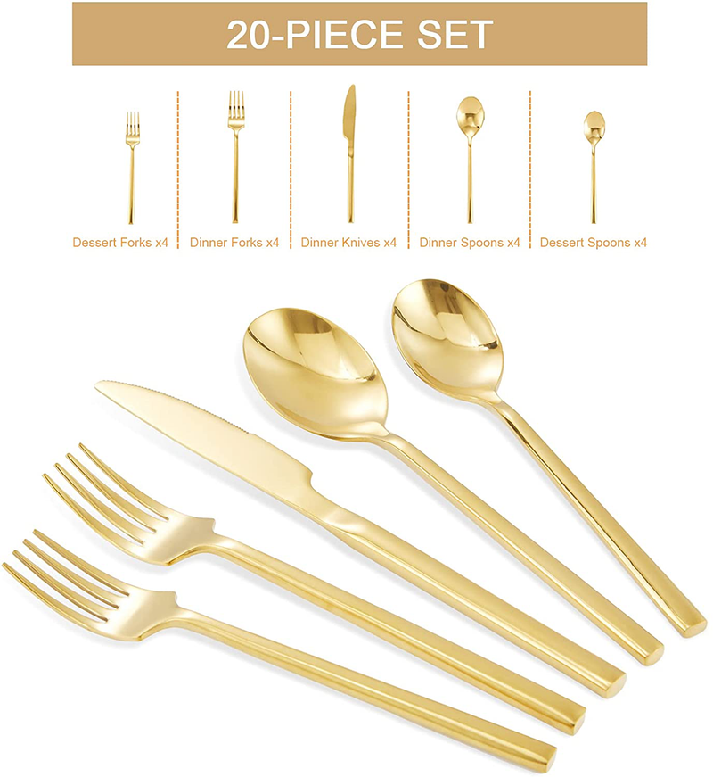 Gold Silverware Set, 20-Piece Stainless Steel Flatware Cutlery Set Service for 4, Tableware Utensils Set Includes Knife/Spoon/Fork for Kitchen Home Restaurant Gift, Mirror Polished, Dishwasher Safe Home & Garden > Kitchen & Dining > Tableware > Flatware > Flatware Sets Areszon   