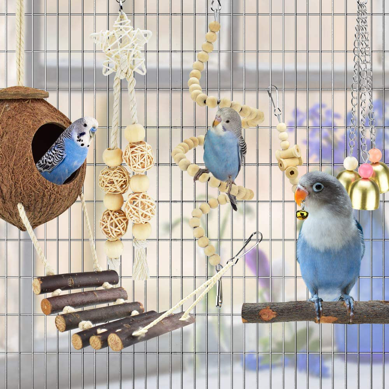 KATUMO Bird Toys, Natural Wood Coconut Bird House with Ladder Hanging Swing Pet Climbing Rotated Ladder Chewing Bells Bird Toys for Parakeet, Conure, Cockatiel, Mynah, Love Birds, Finch Animals & Pet Supplies > Pet Supplies > Bird Supplies > Bird Toys KATUMO   