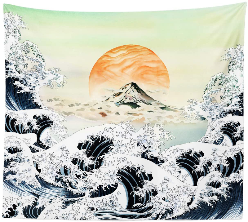 iLiveX Tapestry, Original Design Hand Drawing Art Print Tapestry Wall Hanging, Ocean Wave Sunset Japanese Tapestries (51.2"x59.1")