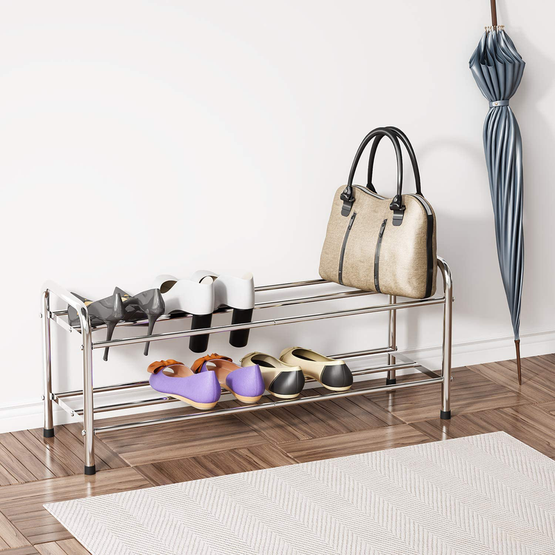 FANHAO 2-Tier Shoe Rack, 100% Stainless Steel Shoe Storage Organizer, Stackable 8-Pair Storage Shelf for Bedroom, Closet, Entryway, Dorm Room, 10.3" W X 31.5" D X13.2 H (Silver) Furniture > Cabinets & Storage > Armoires & Wardrobes FANHAO   