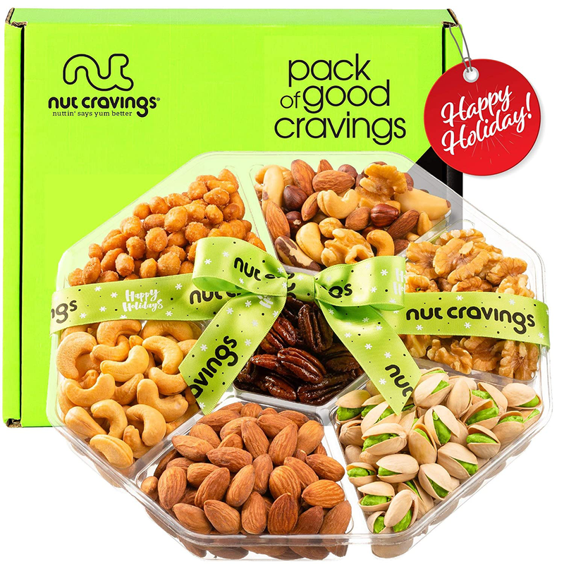 Nuts Gift Basket + Green Ribbon (7 Piece Set, 1.8 LB) Valetines Day 2022 Idea Food Arrangement Platter, Birthday Care Package Variety, Healthy Tray, Kosher Snack Box for Adults Women Men Prime Home & Garden > Decor > Seasonal & Holiday Decorations Nut Cravings D - Happy Holiday  