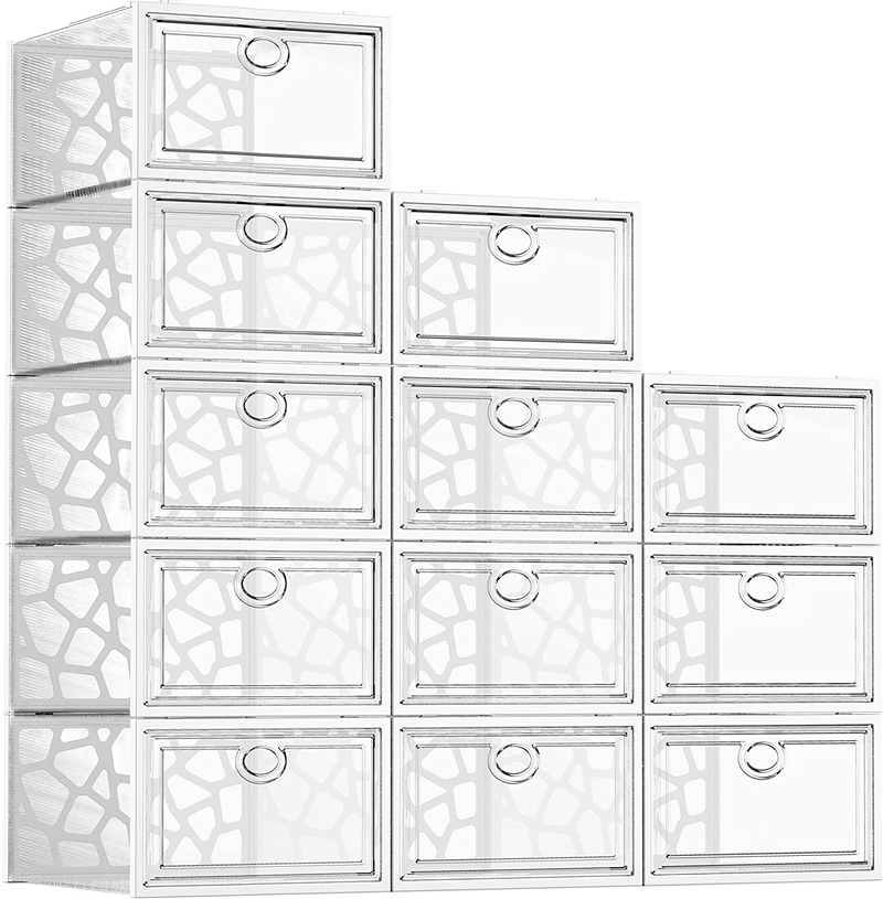 Pinkpum Shoe Boxes Clear Plastic Stackable, 12 Pack Shoe Storage Box Organizer for Closets, Foldable Sneaker Storage Fit for Size 11（Large） Furniture > Cabinets & Storage > Armoires & Wardrobes PINKPUM   