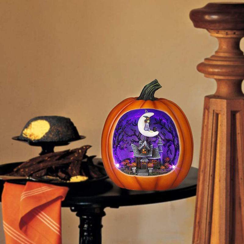 PEIDUO Halloween Resin Pumpkin with Ghost Haunted House Lighted by 4 Purple and 1 Orange Lights Light Up Pumpkin for Home Halloween Decor Arts & Entertainment > Party & Celebration > Party Supplies PEIDUO   