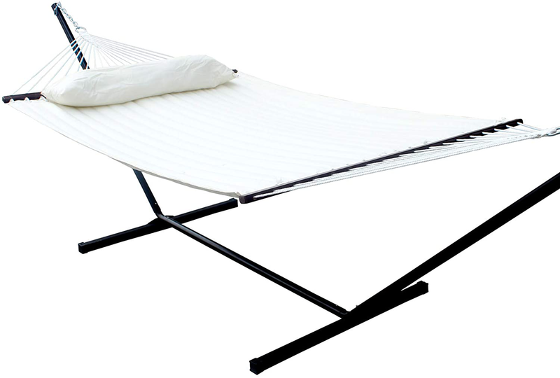 SUNNY GUARD 12.8 FT Hammock with Stand 2 Person Heavy Duty，Quilted Fabric Wood Spreader Bars,Stands & Accessories，for Indoor/Outdoor Patio Navy Blue(450 lb Capacity Home & Garden > Lawn & Garden > Outdoor Living > Hammocks SUNNY GUARD Milky White  