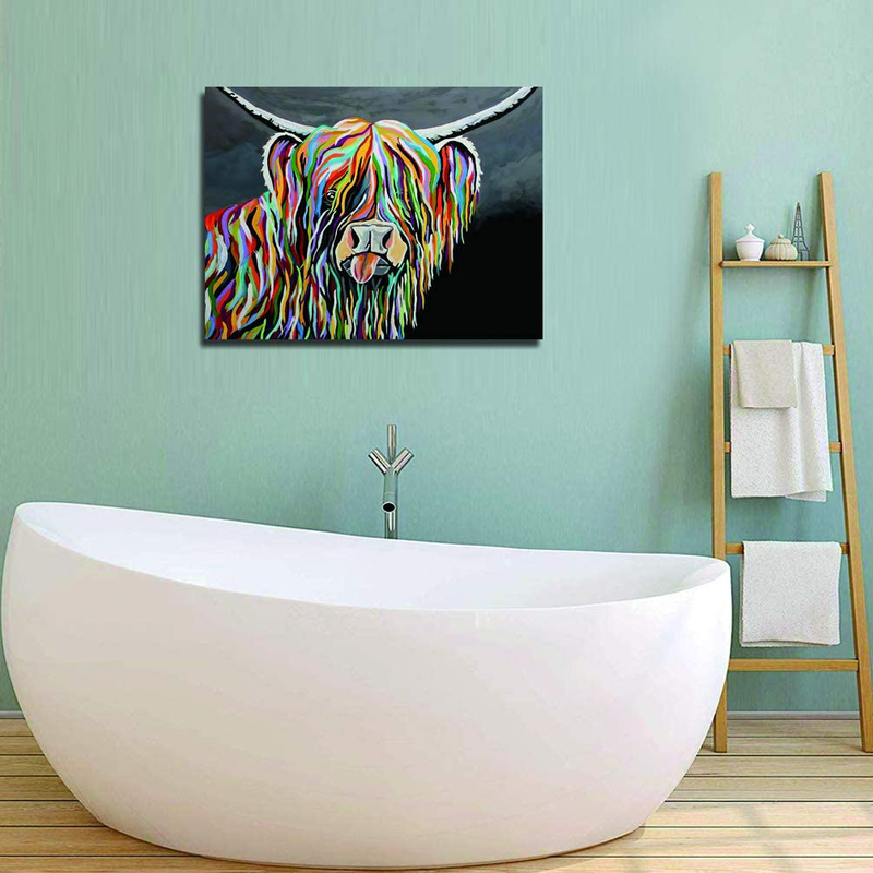 Highland Cow Wall Art Canvas Print Poster Colorful Wild Animal Hairy Cow Abstract Art Decoration Modern Home Wall with Frame Stretched Ready to Hang - 24"X32"X1Pcs Home & Garden > Decor > Artwork > Posters, Prints, & Visual Artwork N-brand   