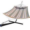 Love Story 2 Person Chain Hammock Include 12.6FT Heavy Duty Standing,Prevention Fall Curved-Bar Bamboo & Detachable Pillow, Outdoor &Indoor Multi-Purpose , Stripe Brown & Green Home & Garden > Lawn & Garden > Outdoor Living > Hammocks LOVE STORY Stripe Brown & Green 150"(L) x 42"(W) x 40"(H) 