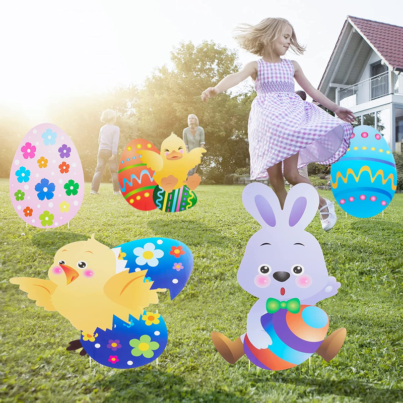 HOOJO 8 PCS Easter Yard Signs Decorations Outdoor, Waterproof Bunny, Chicks and Eggs Yard Stakes Sign, Easter Lawn Yard Decorations for Hunt Game, Party Supplies Decor, Easter Props